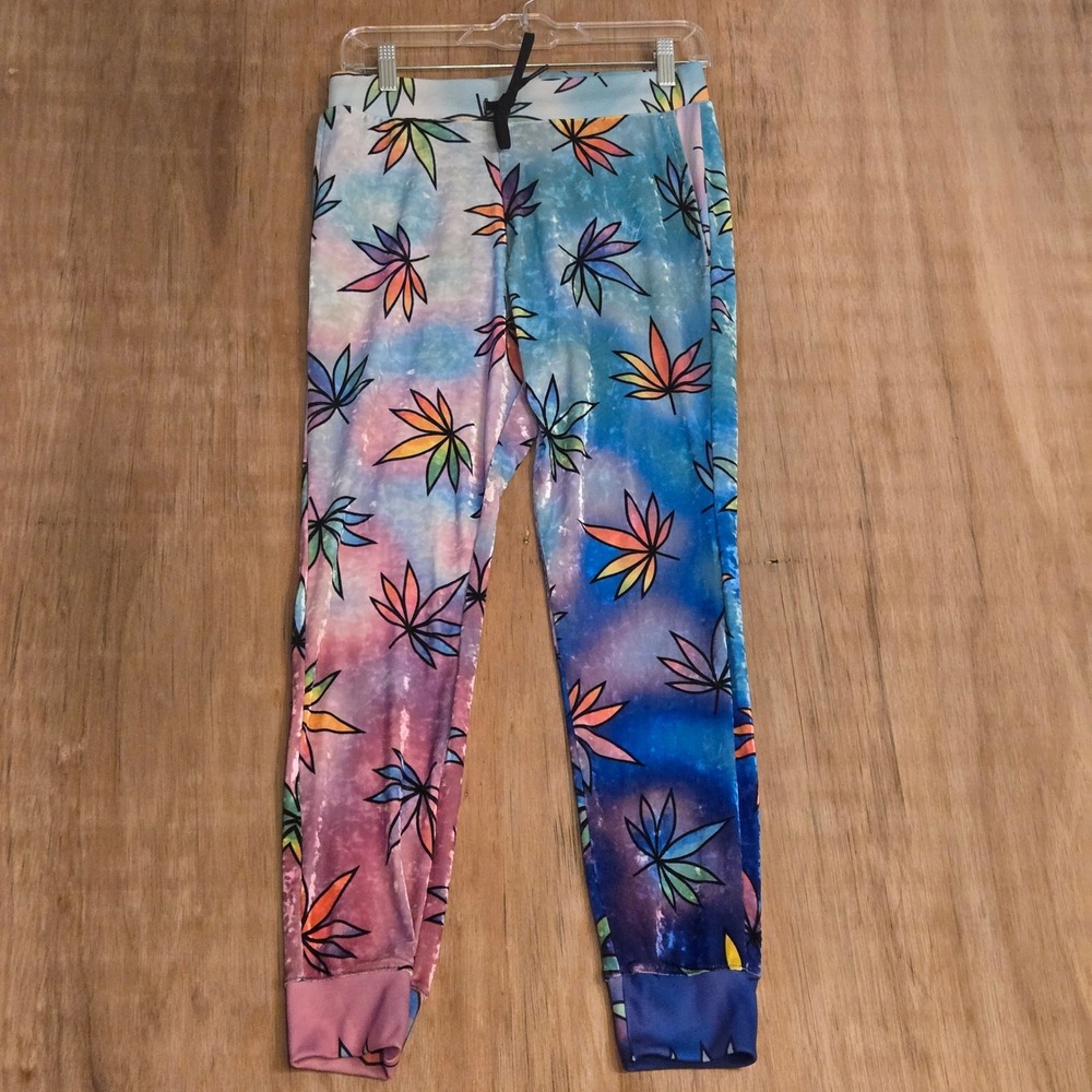 iEDM Rainbow Pot Leaf Galaxy Tie Dye Velvet Joggers XS Festival Rave Pants